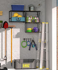 Heavy Duty Garage Wall Shelf With Wire Baskets, Tool Rack And Hooks, Durable Wall Mounted Storage For Home, Garden And Yard Organization.
