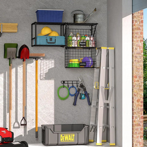 Heavy Duty Garage Wall Shelf With Wire Baskets, Tool Rack And Hooks, Durable Wall Mounted Storage For Home, Garden And Yard Organization.