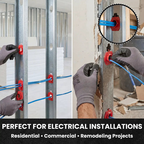 Red Plastic Wire Hole Protectors For 1 Inch Knockouts Snap In Grommets For Metal Studs Non Metallic Polypropylene Shield Cable Protection And Rim Guard To Prevent Wire Abrasion In Through Hole Installations installed on metal studs with blue cable
