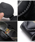 Porsche Sunglasses Holder Car Clip For Visor One Hand Operation Leather Eyeglass Clip with stitching close-up and glasses shown
