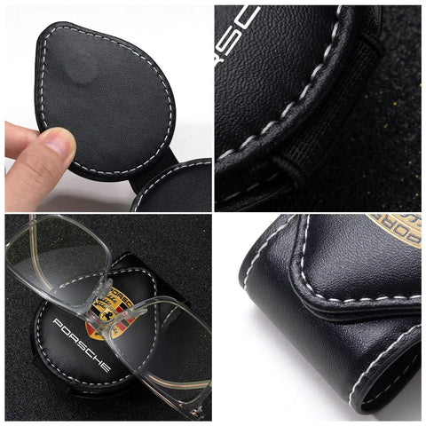 Porsche Sunglasses Holder Car Clip For Visor One Hand Operation Leather Eyeglass Clip with stitching close-up and glasses shown
