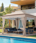 13x13 Pop Up Gazebo Canopy With Wheeled STO-N-Go Cover Bag for Patio with outdoor furniture and pool in background