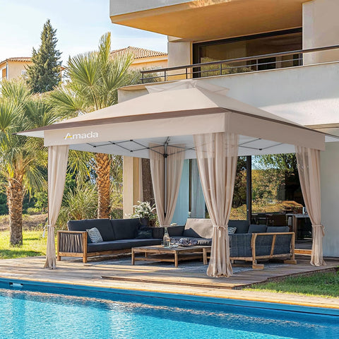 13x13 Pop Up Gazebo Canopy With Wheeled STO-N-Go Cover Bag for Patio with outdoor furniture and pool in background