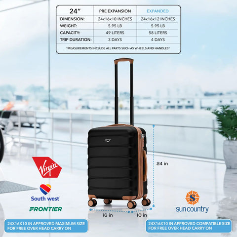 Expandable Hardside Carry On Luggage With USB C, TSA Lock, Quiet Dual Spinner Wheels, 24 By 16 By 10 Inches, Black Tan suitcase