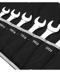 All In One Ratchet Spanner Set With Box End Wrenches Dual Head Double End Rings Deep Offset Design 6 To 32mm Range For Quick Easy Tightening And Easy Access In Tight Spaces, showing wrenches in a black organizer.