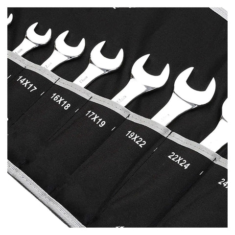 All In One Ratchet Spanner Set With Box End Wrenches Dual Head Double End Rings Deep Offset Design 6 To 32mm Range For Quick Easy Tightening And Easy Access In Tight Spaces, showing wrenches in a black organizer.