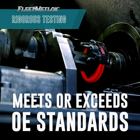 FleetMetlok brake components banner; close-up of front brake caliper on a rotor with OE standards text.