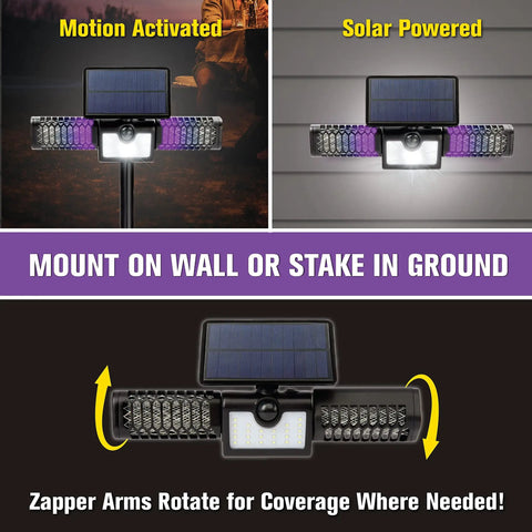 Solar Powered 2in1 Bug Zapper And Flood Light Outdoor Insect Killer with 18W UV Lamp and 1200V High Voltage shown in use