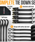 Heavy Duty Ratchet Strap Set 2300 Lb Break Strength 4 Pack 15 Feet By 1 Inch Wide With Soft Loops Moving Tie Downs And Cargo Cam Buckles For Trucks Carry Bag For Men, showing straps, hooks, and carrying bag.