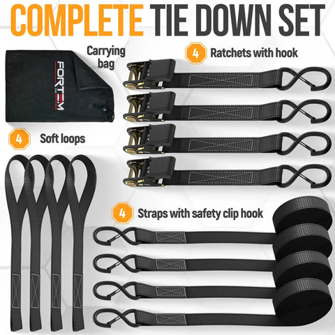 Heavy Duty Ratchet Strap Set 2300 Lb Break Strength 4 Pack 15 Feet By 1 Inch Wide With Soft Loops Moving Tie Downs And Cargo Cam Buckles For Trucks Carry Bag For Men, showing straps, hooks, and carrying bag.