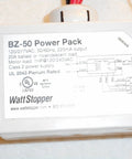 BZ-50 Power Pack with specifications and wiring diagram, connected by multiple colored wires, on a light surface.