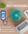 Rechargeable Portable Fan With USB-C, Wireless Battery Operated, 4 Speeds, LED Lighting, Remote Control, shown charging phone
