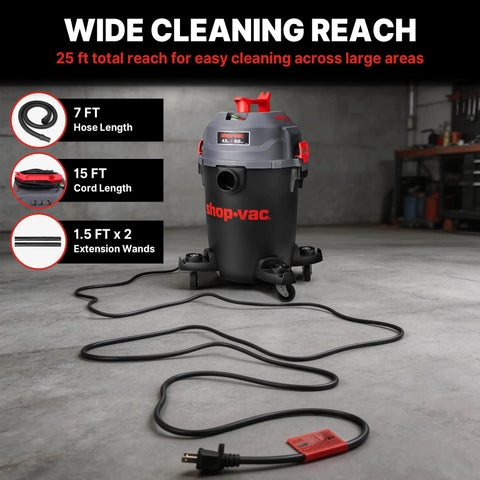 No Break Garage Beast Wet And Dry Shop Vacuum With Ultra Quiet Motor Killer Suction Power and Quick Grip Hoses for sweeping floor messes fast with 25 ft reach.