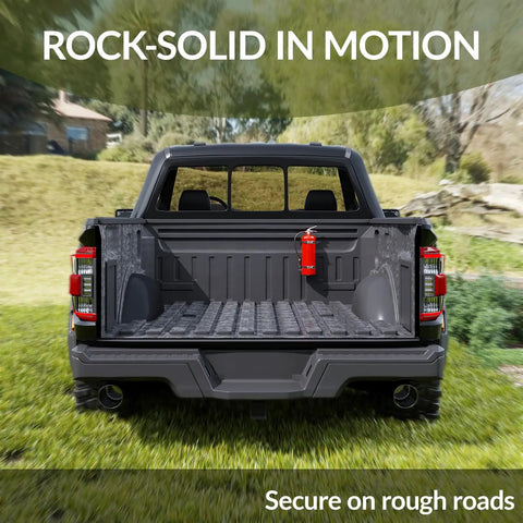 Truck bed with Heavy-Duty Fire Extinguisher Mount For 2.5-5 Lb Dry Chemical Extinguishers installed, anti-vibration bracket visible