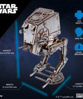 Wooden Star Wars AT ST Walker 3D Puzzle Featuring Smooth Shifting Gear System That Delivers Real Walking Motion Knockout DIY Brain Teaser And Straight Fire Collector Grade Hobby Kit, dimensions shown.