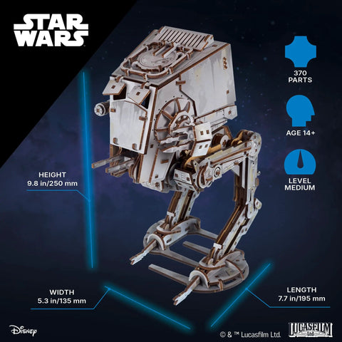 Wooden Star Wars AT ST Walker 3D Puzzle Featuring Smooth Shifting Gear System That Delivers Real Walking Motion Knockout DIY Brain Teaser And Straight Fire Collector Grade Hobby Kit, dimensions shown.