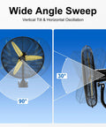 Beefed-Up Heavy Duty Wall Mount Fan With 11,200 CFM Industrial Airflow, showing 90° oscillation and 30° tilt features.