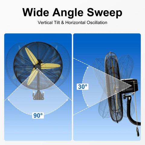 Beefed-Up Heavy Duty Wall Mount Fan With 11,200 CFM Industrial Airflow, showing 90° oscillation and 30° tilt features.