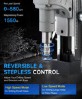 Close-up of Industrial Magnetic Drill Press With Six Twist Core Bits, 1550w Motor For Zero Sweat Steel Boring, highlighting 0-580 RPM control.