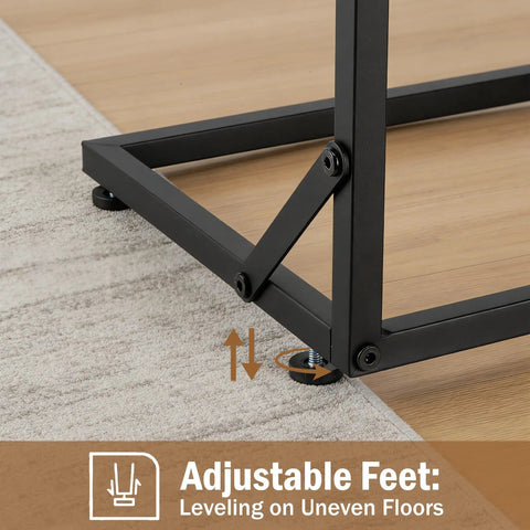 C Shaped End Table That Slides Under Sofa For Small Spaces with adjustable feet for uneven floors, black steel frame.