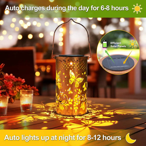 Outdoor Solar Lanterns Hanging Light With Butterfly Pattern Waterproof Led Garden Decor illuminating a patio table