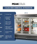 Commercial 3 Glass Door Refrigerator Boasting A Massive 72 Cubic Foot Layout Built From Premium Stainless Steel, showcasing organized foods.