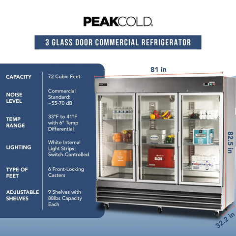 Commercial 3 Glass Door Refrigerator Boasting A Massive 72 Cubic Foot Layout Built From Premium Stainless Steel, showcasing organized foods.