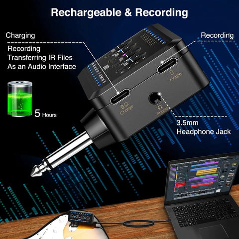 Compact Guitar Headphone Amp With Multi Effects, IR Loader, Tuner, And Rechargeable Battery, Portable unit showcasing ports and features.
