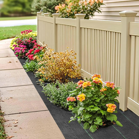 Heavy Duty Weed Barrier Landscape Fabric For Gardens And Lawns, Premium Weed Control, installed along a fence with plants.