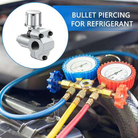 Bullet piercing valve kit, 10-pack, BPV-31 compatible; 1/4, 5/16, 3/8 in fittings; blue and red gauge manifold with hoses