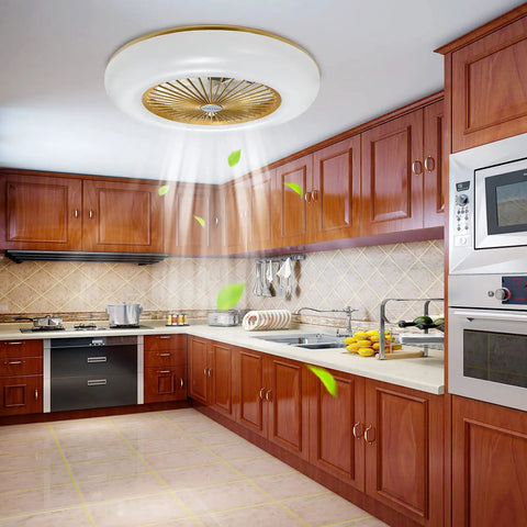 Dope 22 Inch Modern Ceiling Fan With LED Light Dimmable Warm Natural White Remote And App Control Adjustable Wind Speed Timer Chandelier Style Acrylic Gold Finish For Bedroom And Living Room installed in kitchen