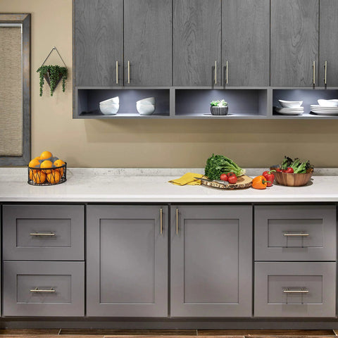 Kitchen cabinets with Two Pack Round Bar Cabinet Pulls Euro Style T Bar Handles, brushed stainless steel finish installed.