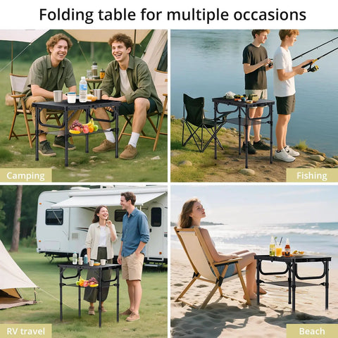 Two Foot Folding Camping Table With Storage Net Three Height Adjustable Lightweight Portable Table shown in camping, fishing, RV, beach settings