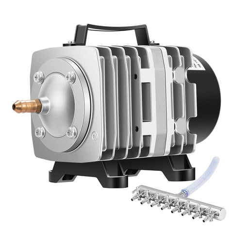 Front view of VIVOSUN 1110 GPH eight-outlet air pump with copper outlet, aluminum cooling fins, and hose adapters