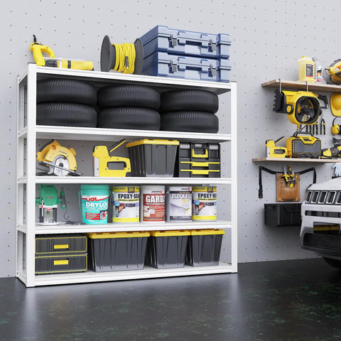 Heavy Duty 3000 Lbs Garage Shelving Unit, 5 Tier Adjustable Metal Shelves, Industrial Storage Rack, 48 W x 24 D x 72 H Inches, White Finish, Ideal for Tools, Auto Shop, Workshop, and Garage Organization with tires, bins, and tools