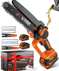 8 inch cordless chainsaw with 3.0Ah batteries, multiple chains and bars, showing auto oiler. Part of 2 In 1 Mini Chainsaw Kit.