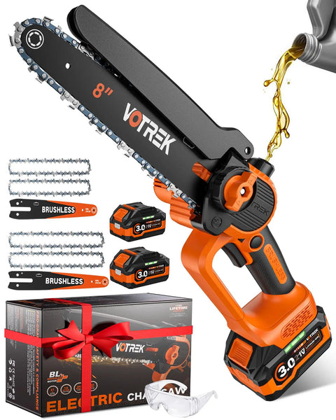 8 inch cordless chainsaw with 3.0Ah batteries, multiple chains and bars, showing auto oiler. Part of 2 In 1 Mini Chainsaw Kit.