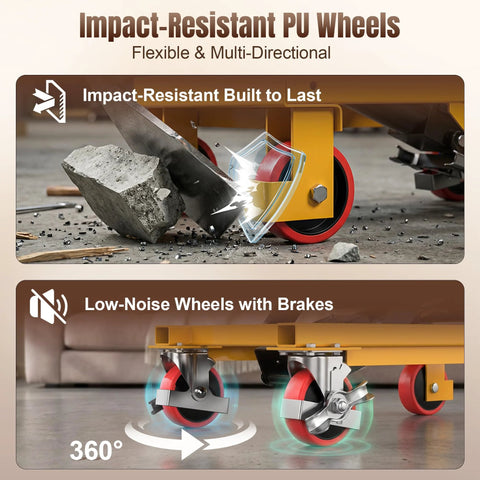 Front view of Tera LT1502 hydraulic lift table cart with yellow frame and anti-collision PU wheels.