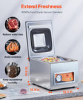Heavy Duty Chamber Vacuum Sealer Boasts A Snappy 260 Watt Motor Generating Serious Suction To Handle Wet Grub Meats And Sauces Like A Boss While Keeping Your Kitchen Stock Fresh Inside A Compact Design Setup, shown with food inside.