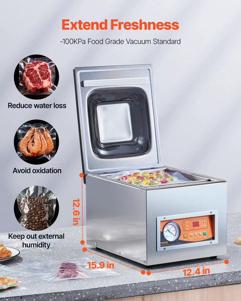 Heavy Duty Chamber Vacuum Sealer Boasts A Snappy 260 Watt Motor Generating Serious Suction To Handle Wet Grub Meats And Sauces Like A Boss While Keeping Your Kitchen Stock Fresh Inside A Compact Design Setup, shown with food inside.