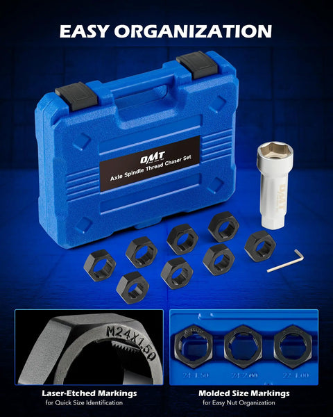 Axle Spindle Thread Repair Kit With Eight Dies And One And One Sixteenth Inch Extension Bar For Rethreading Damaged Axle Threads Includes M20 M22 M24 And Thirteen Sixteenths Inch And Three Quarters Inch UNEF Nuts Rethreading Tool Kit In Case Orion Motor