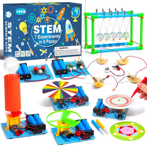 Seven In One STEM Kit For Kids Ages Eight To Twelve With Electric Motor Building And Seven Totally Fun Experiments displayed