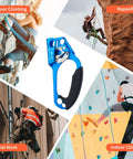 Blue Right Hand Rope Ascender For 8 To 13mm Rope, Ultra Lightweight Aluminum Rope Clamp, shown with climbers in action.
