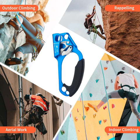 Blue Right Hand Rope Ascender For 8 To 13mm Rope, Ultra Lightweight Aluminum Rope Clamp, shown with climbers in action.
