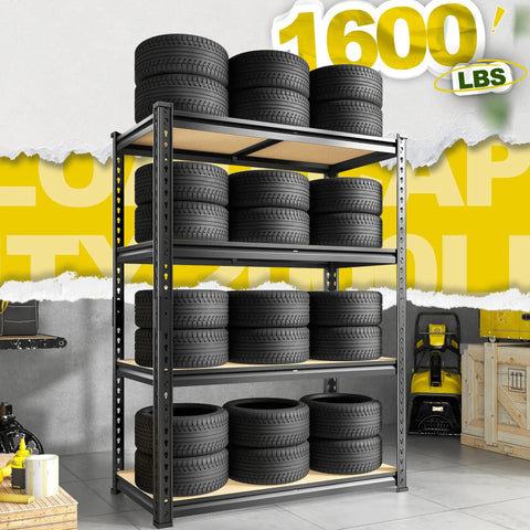 Heavy Duty 4 Tier 48 Inch Metal Shelving Unit With Easy Assembly For Home Garage 1600 Lb Capacity Rolled Edge Steel Columns Wide Open Shelves For Easy Access Storage, loaded with tires
