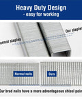 Comparison of Heavy Duty Galvanized T50 Staples and 18 Gauge Brad Nails, showcasing features for DIY projects.
