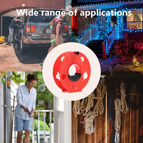Heavy Duty Extension Cord Reel With Bag, 100 Feet, Impact Resistant Plastic for outdoor projects and DIY, shown in use at various locations.