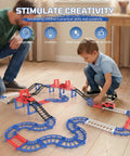 Father and son playing with Totally Rad DIY Construction Race Track Set With Battery Powered Car 24 Piece Bridge Building Track Assembly Playset.