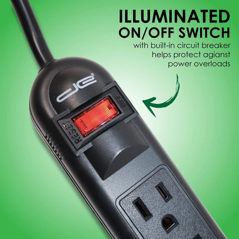 Close-up of illuminated switch on Six Outlet Surge Protector Power Strip With 25 Foot Extension Cord Black Built Tough ETL Listed UL Standard.