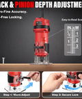 Powerful 6.5 Amp Compact Wood Router Tool For Woodworking With 6 Variable Speeds And 15 Piece Tungsten Carbide Bits, depth adjustment features.
